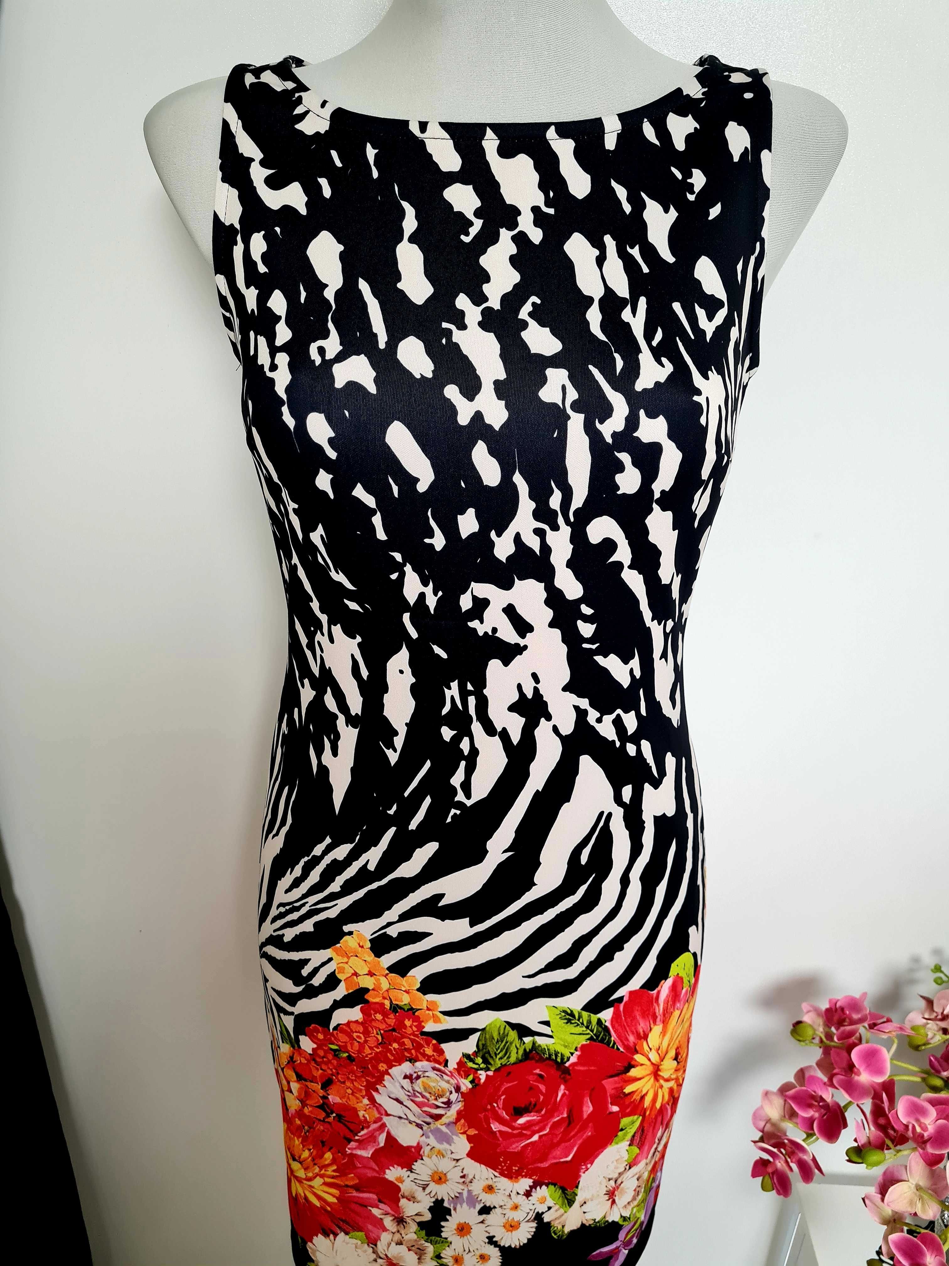 363. Elegancka dopasowana midi sukienka damska w kwiaty S M 36 38