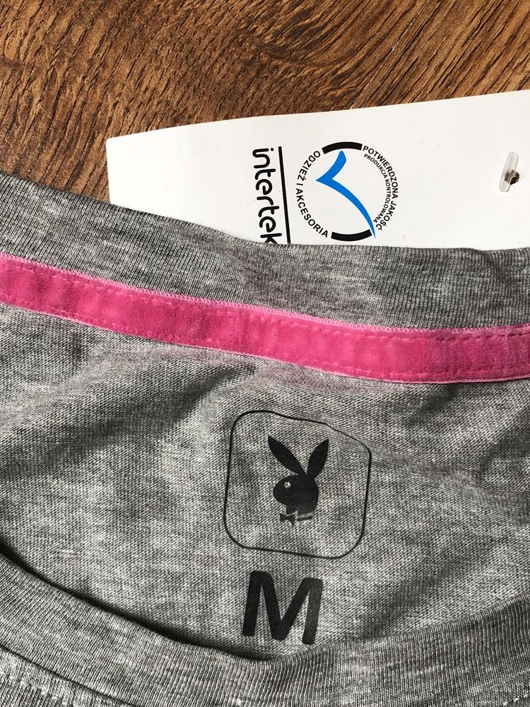 T-shirt szary damski Playboy różowy króliczek  M wywinięty rękawek