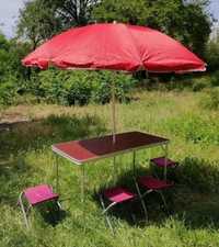 Раскладной удобный стол со стульями и зонтом 60*180 см для пикника