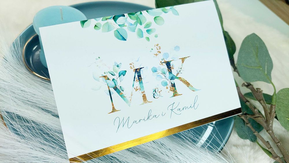 Zaproszenia Ślubne EUKALIPTUS złoty pasek GOLD zaproszenie ślub kopert