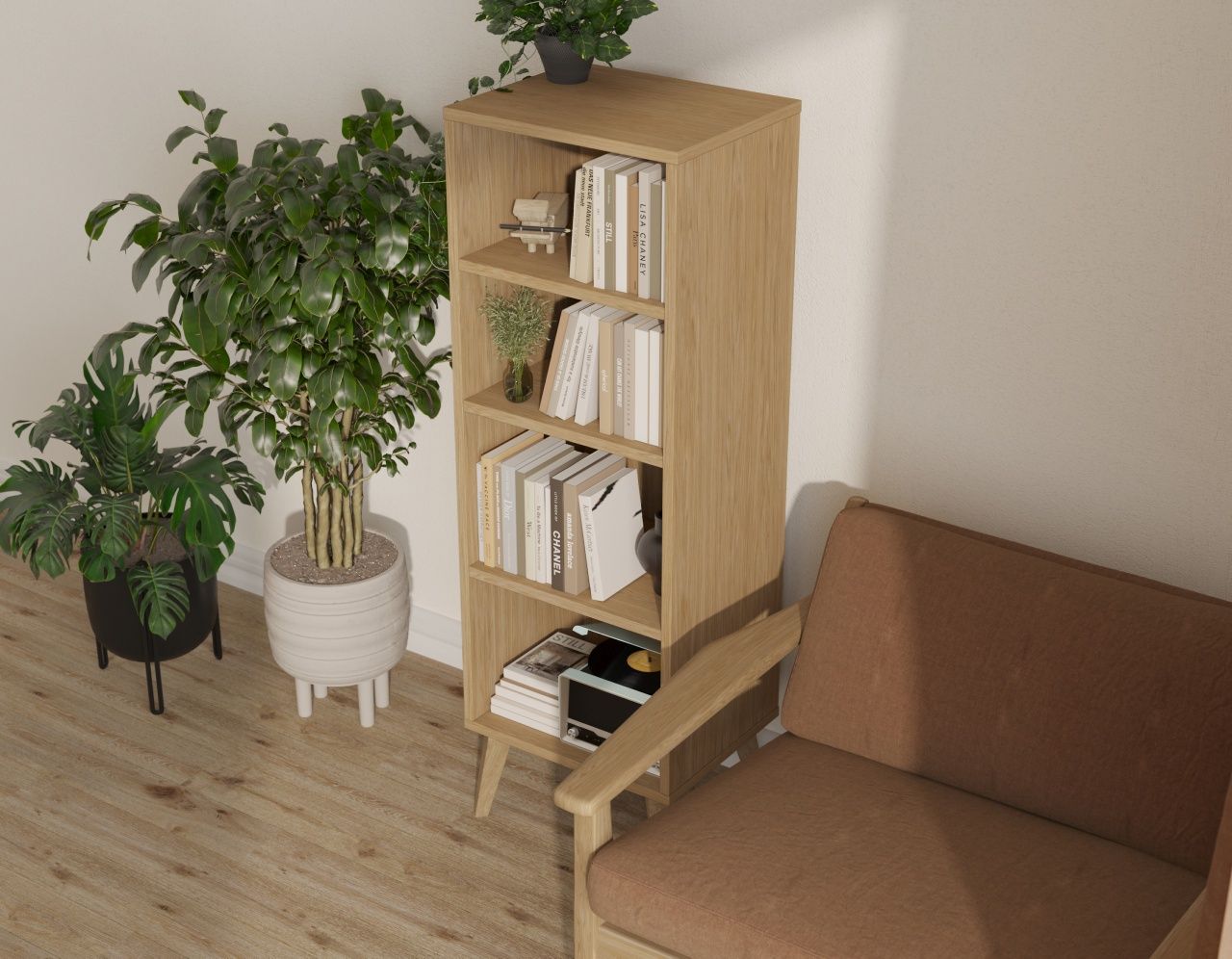 Drewniany regał z 4 półkami 136 cm (dąb fornir)