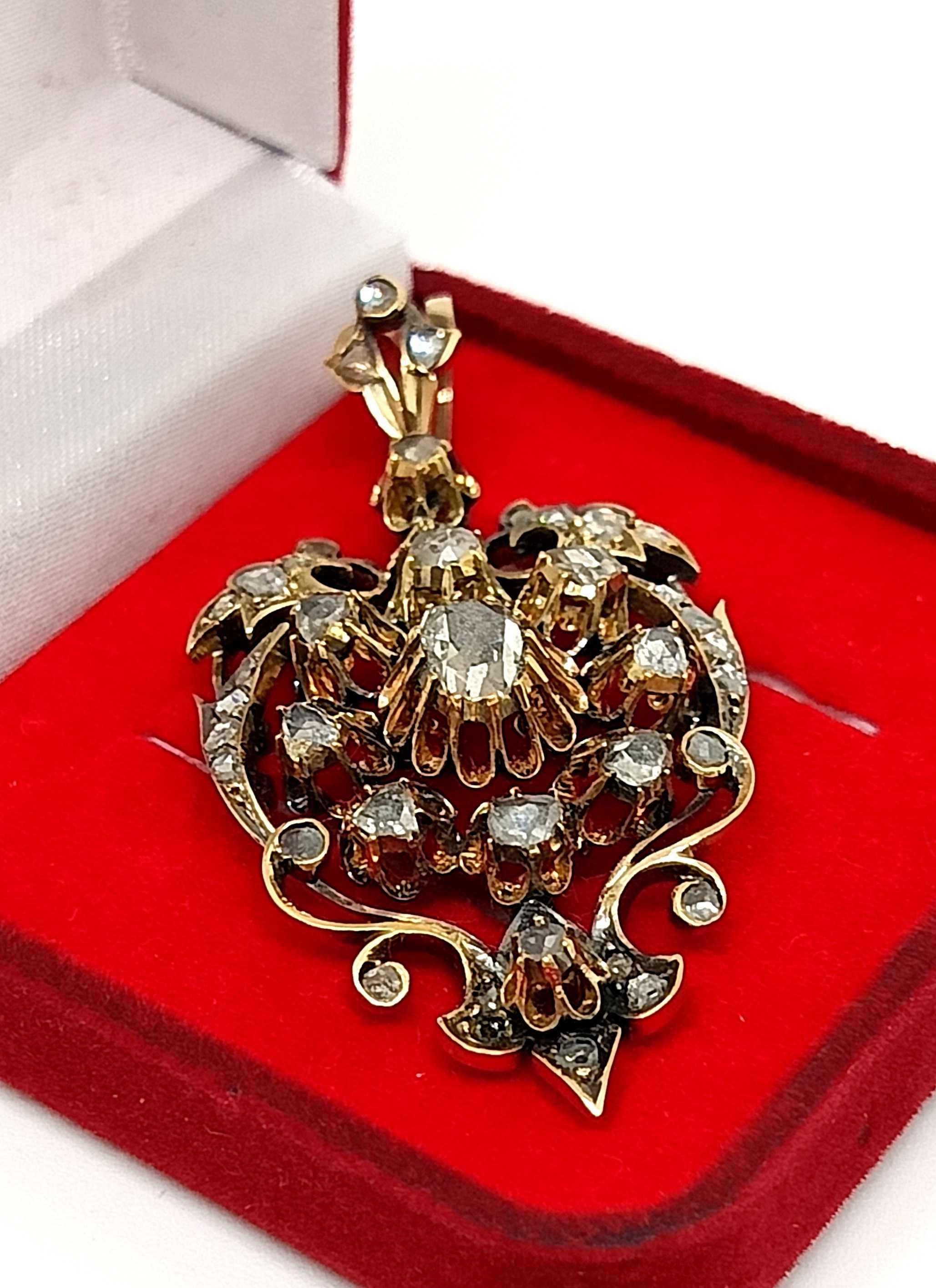 Złota zawieszka broszko wisior  Austro-Węgry Pr.583 Diamenty 2,05ct