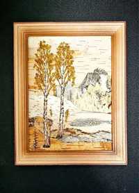 2 obrazki wykonani z kory drzewa i szkła, cena za 2 sztukę 100
