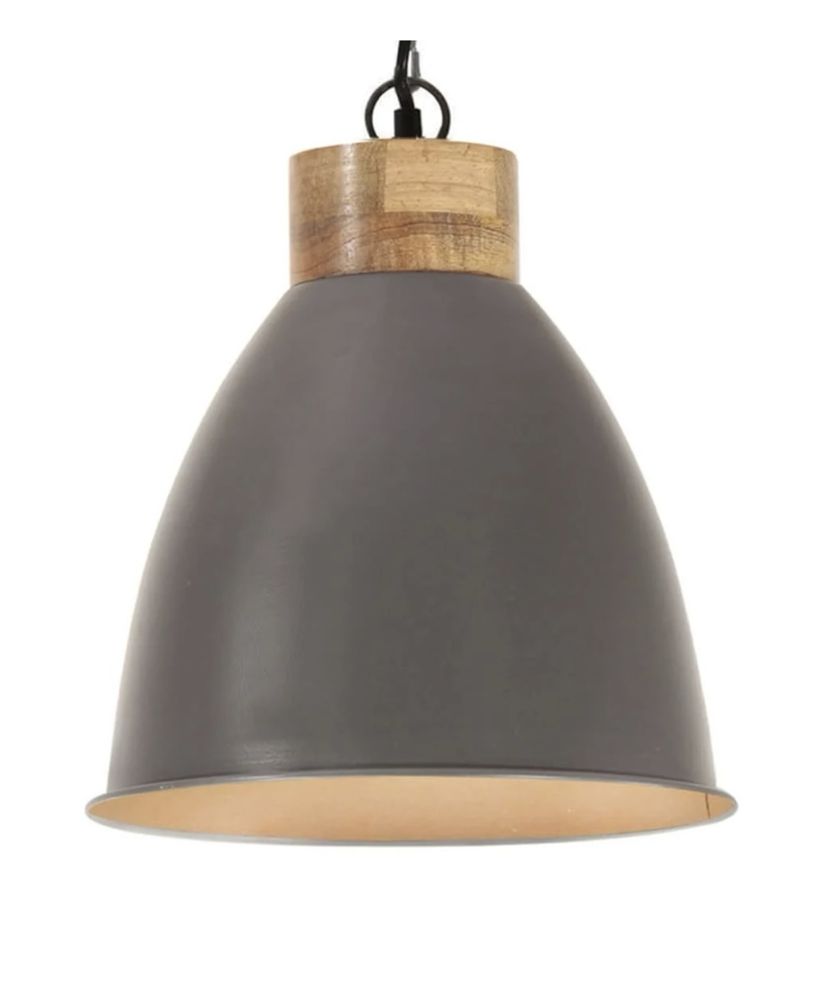 Industrialna lampa wisząca, szare żelazo i drewno, 35 cm, E27