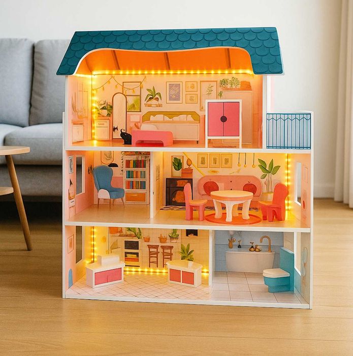 Duży Domek Dla Lalek Drewniany Piętra Led Oświetlenie Meble Akcesoria