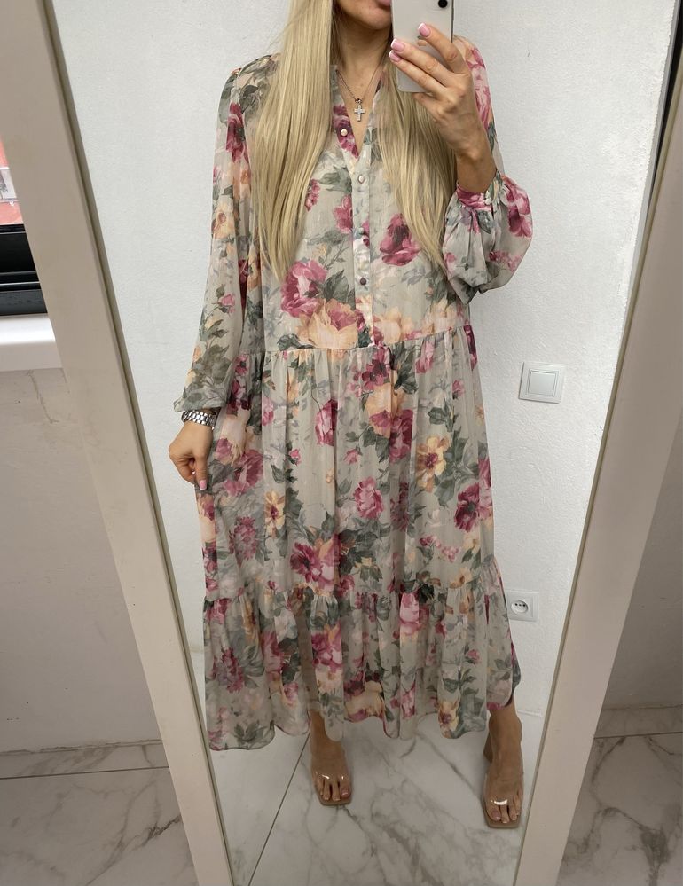 шифоновое платье h&m розы цветочное платье миди макси цветы шифон