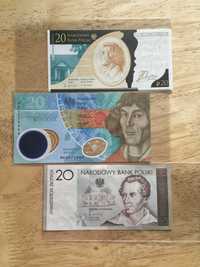 Zestaw 3 banknotów kolekcjonerskich NBP - Chopin, Kopernik, Słowacki
