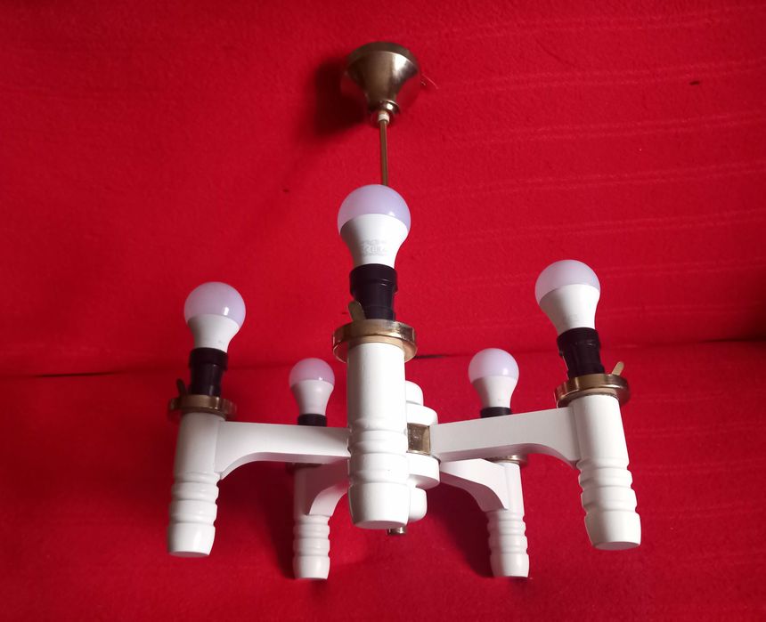 Żyrandol drewniany biały 5 ramion / lampa wisząca sprawna RETRO z PRL
