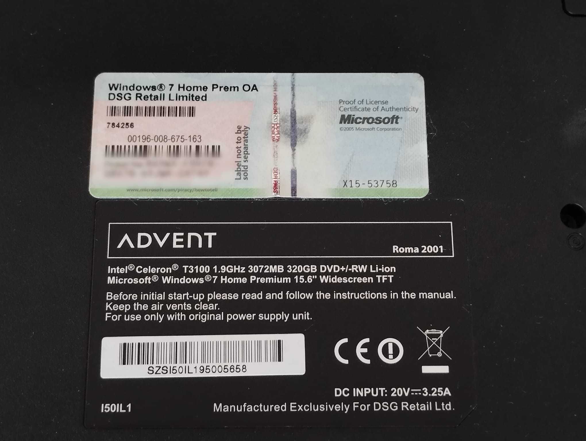 Portátil Advent Celeron 3GB 320GB
