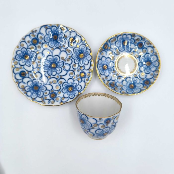 Łomonosow Trio Filiżanka Podstawek Spodek Talerzyk Porcelana Kobalt