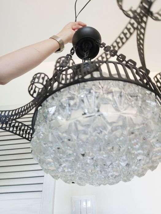 Lampa żyrandol  kryształ loft PRL stalowa czarna SUPER