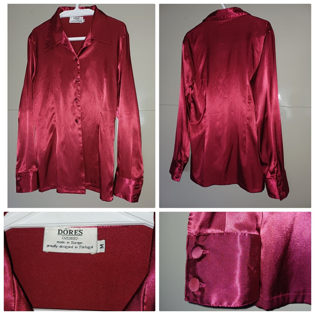 Blusa cor vinho, manga comprida, tipo cetim com elasticidade, cintada