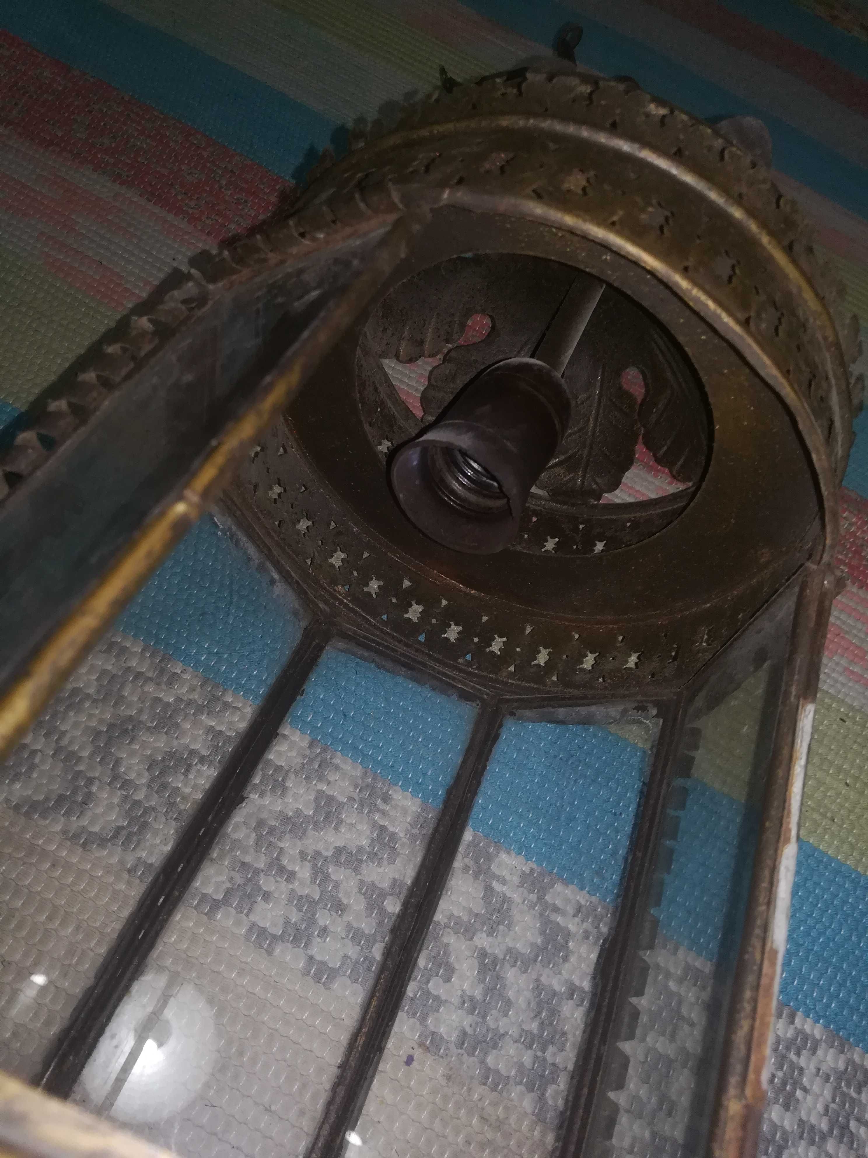 Candeeiro lanterna de teto antigo em metal e vidro 64cm de comprimento