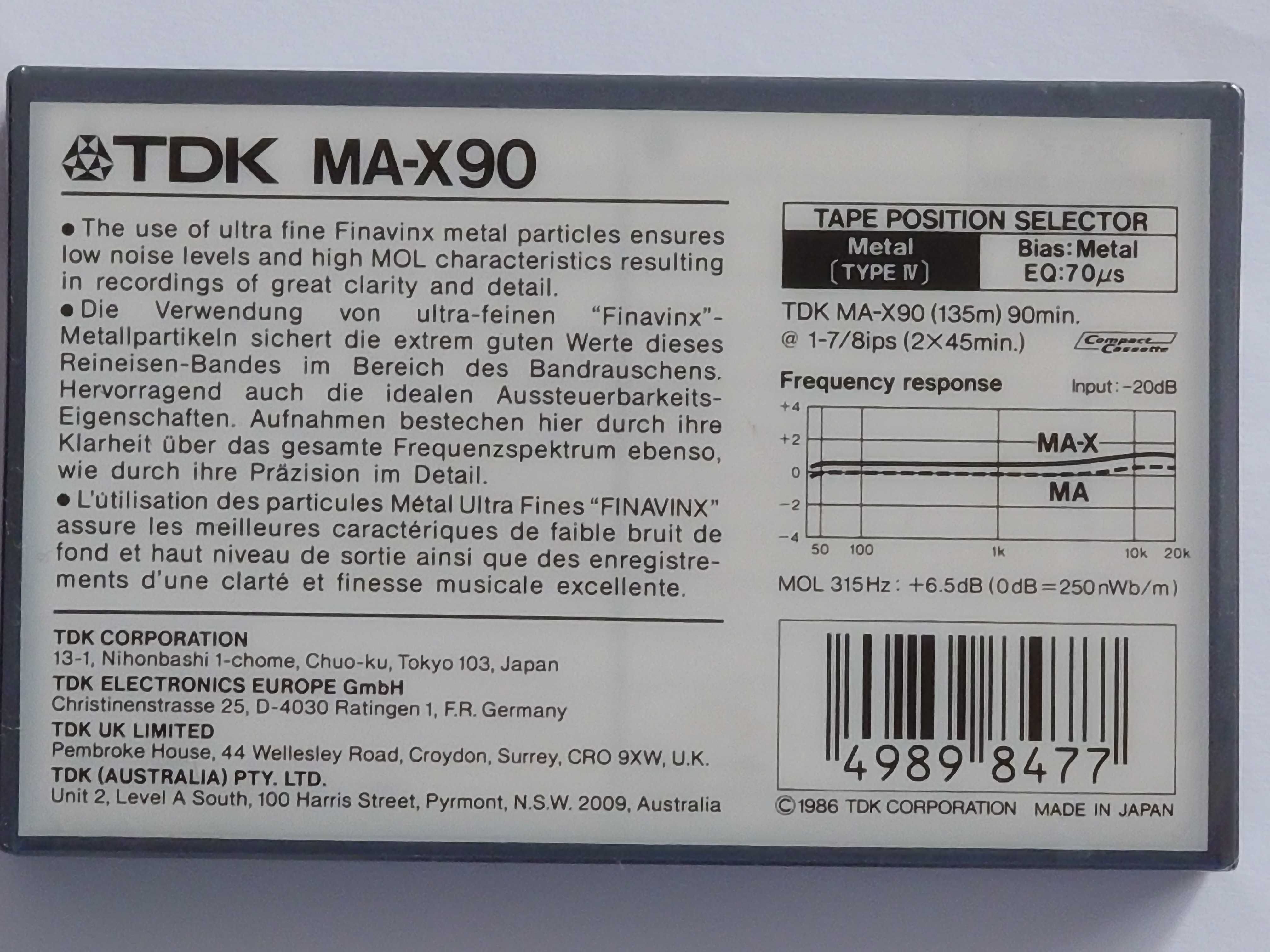 TDK MA-X 90 model na rok 1986 rynek Europejski