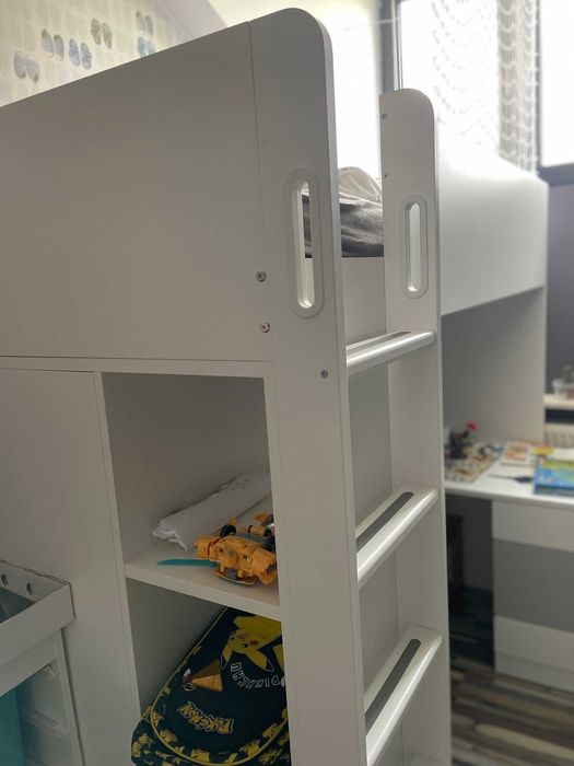Łóżko piętrowe z biurkiem, Ikea SMÅSTAD, białe/szare