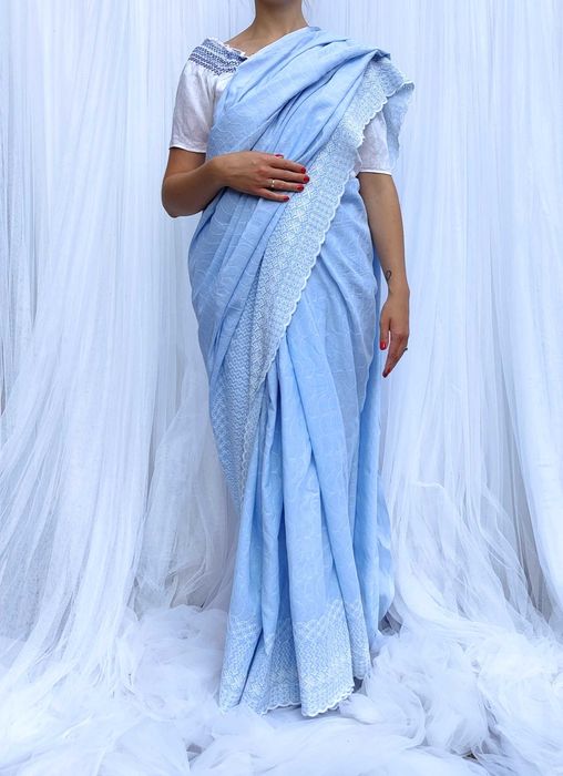 Niebieskie sari bawełna kupon materiału materiał sukienka Bollywood