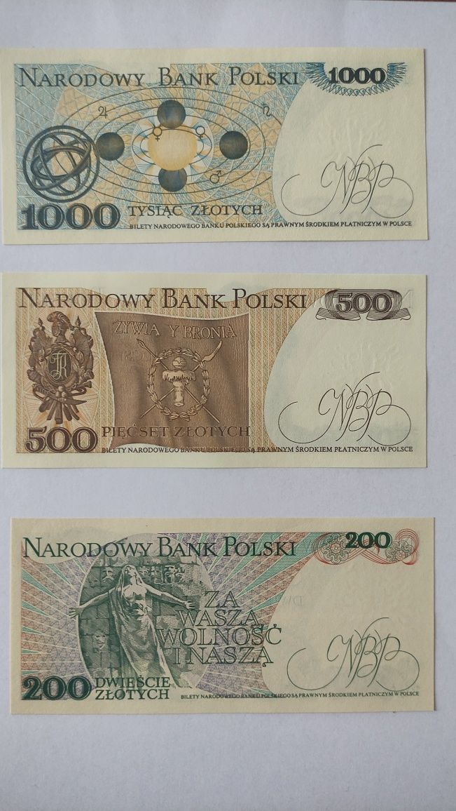 Banknoty 1000zł 500zł 200zł UNC