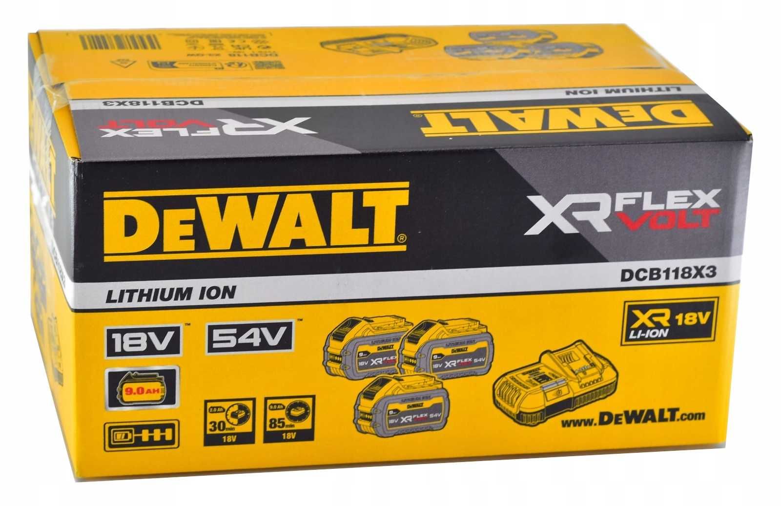 ZESTAW zasilający 3 akumulatorów 54V 9,0AH i ŁADOWARKA DEWALT DCB118X3