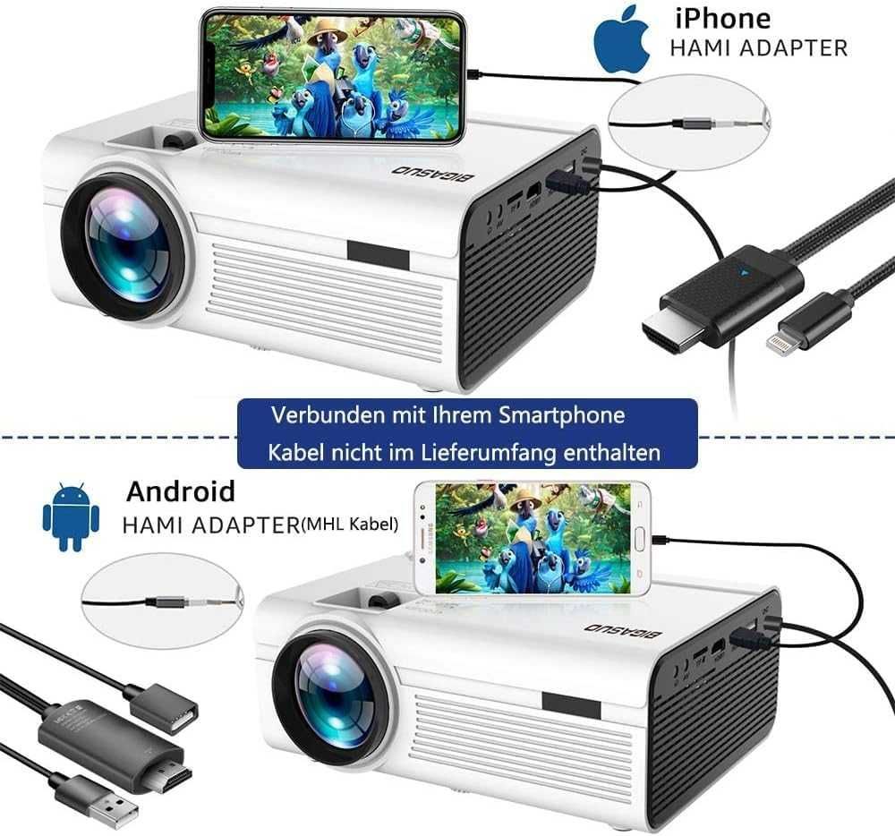 Projektor BIGASUO, przenośny projektor Bluetooth Mini wideoprojektor