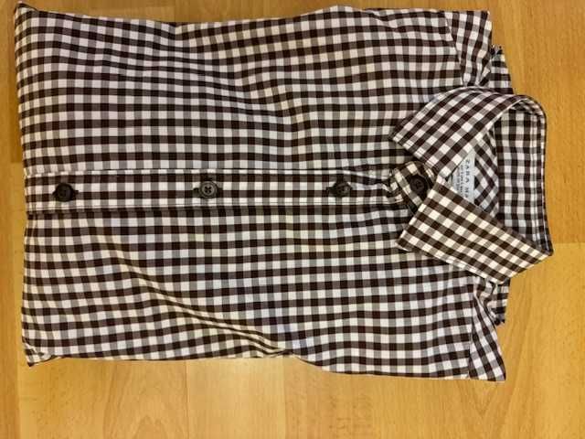 Koszula męska S Zara Slim Fit w kratkę brązowa bawełna z kołnierzykiem