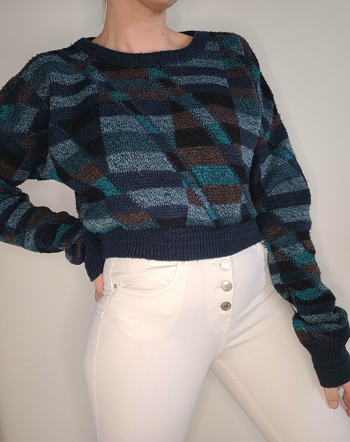 Wzorzysty sweter PRL klasyk crop top unikat vintage