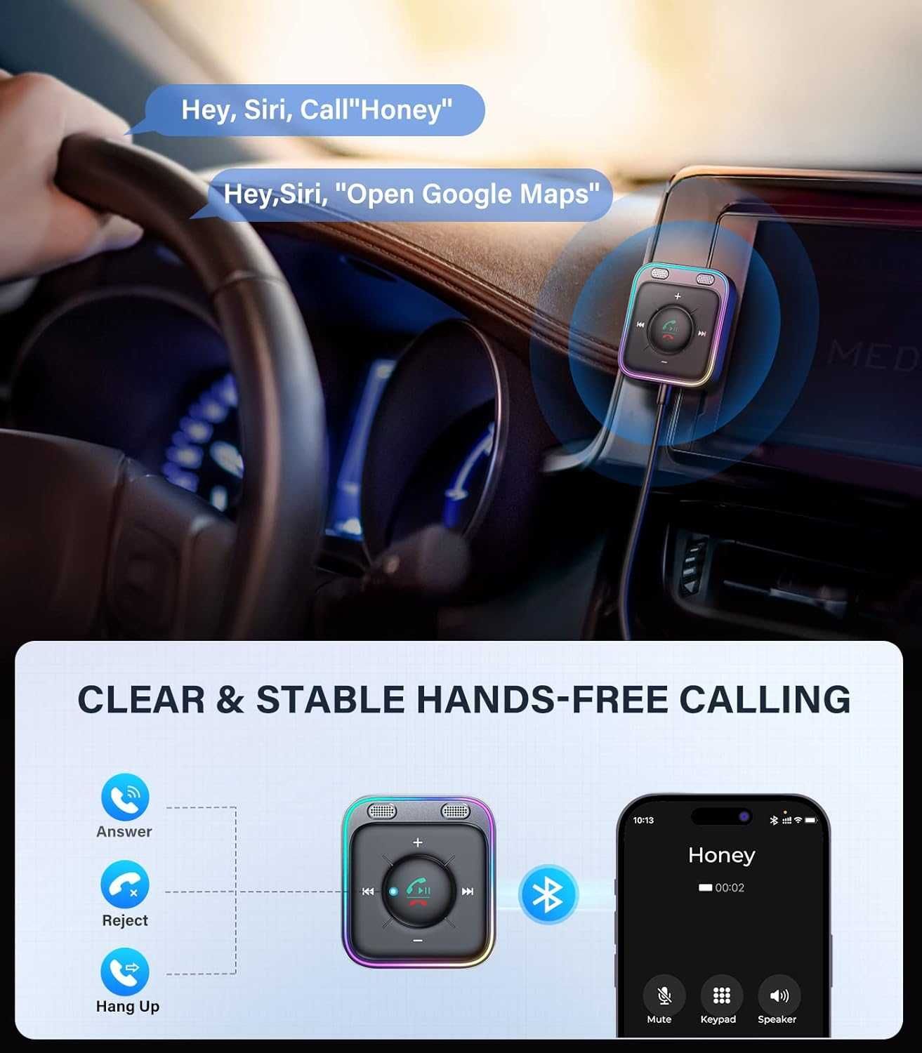 Adapter samochodowy Aux Bluetooth z zestawem głośnomówiącym.