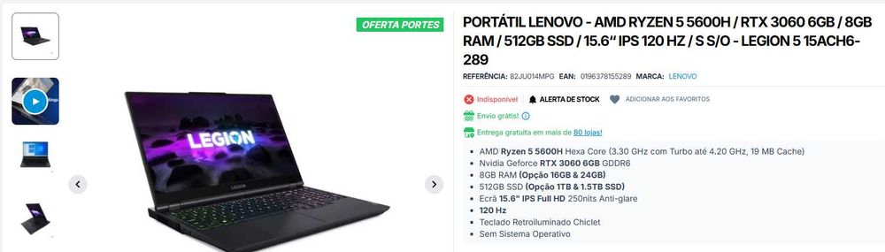 Portátil Lenovo Legion 5 RTX 3060 + AMD Ryzen 5 5600H