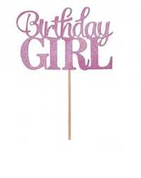 Topper dekoracyjny na tort BIRTHDAY GIRL brokatowy 10 x 7 cm