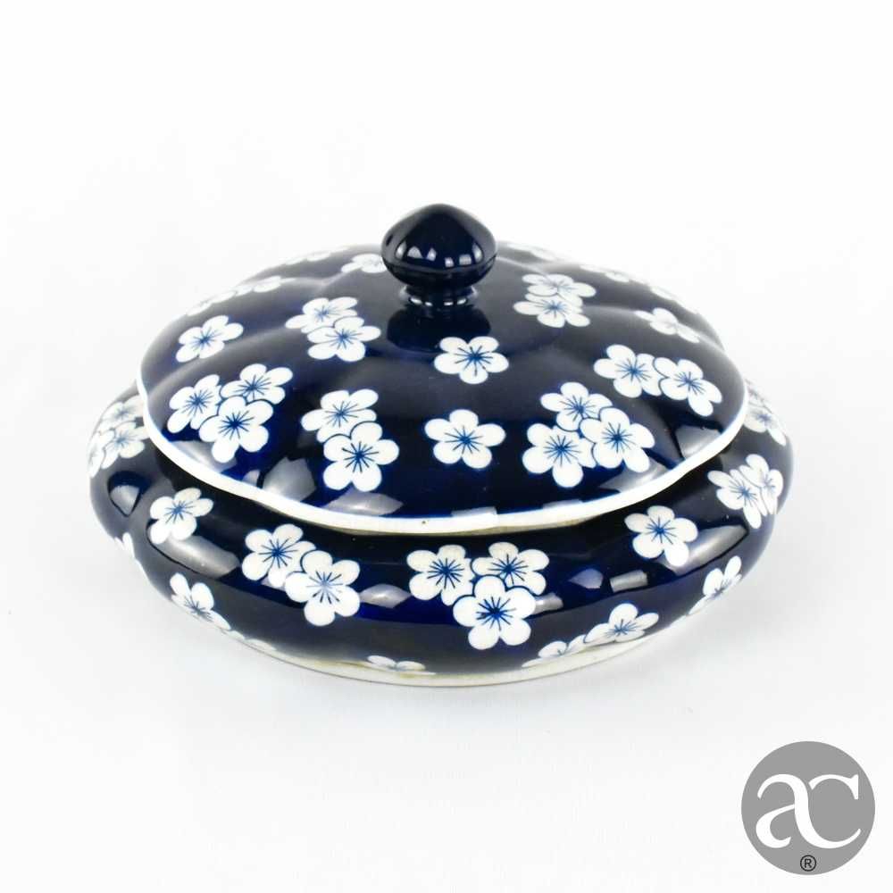 Caixa redonda porcelana China, decoração “Prunus” flor de amendoeira