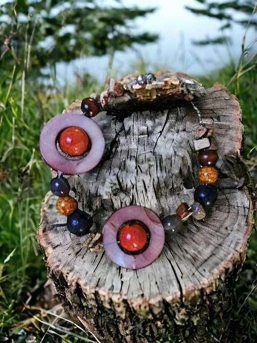 Bransoletka Kamienie Minerały Koral Jaspis Lawa Boho Hippie Handmade