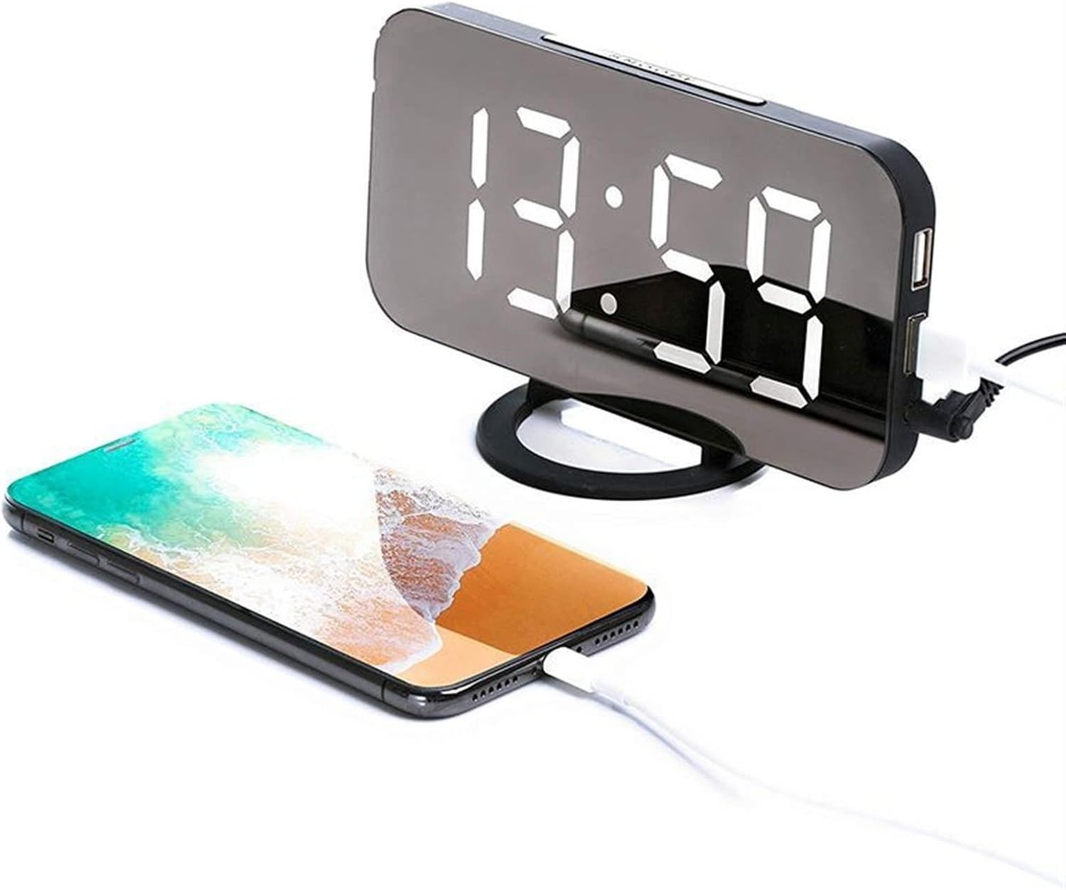 Budżik Zegar LED cyfrowy budzik z portem USB, Lustro LED.