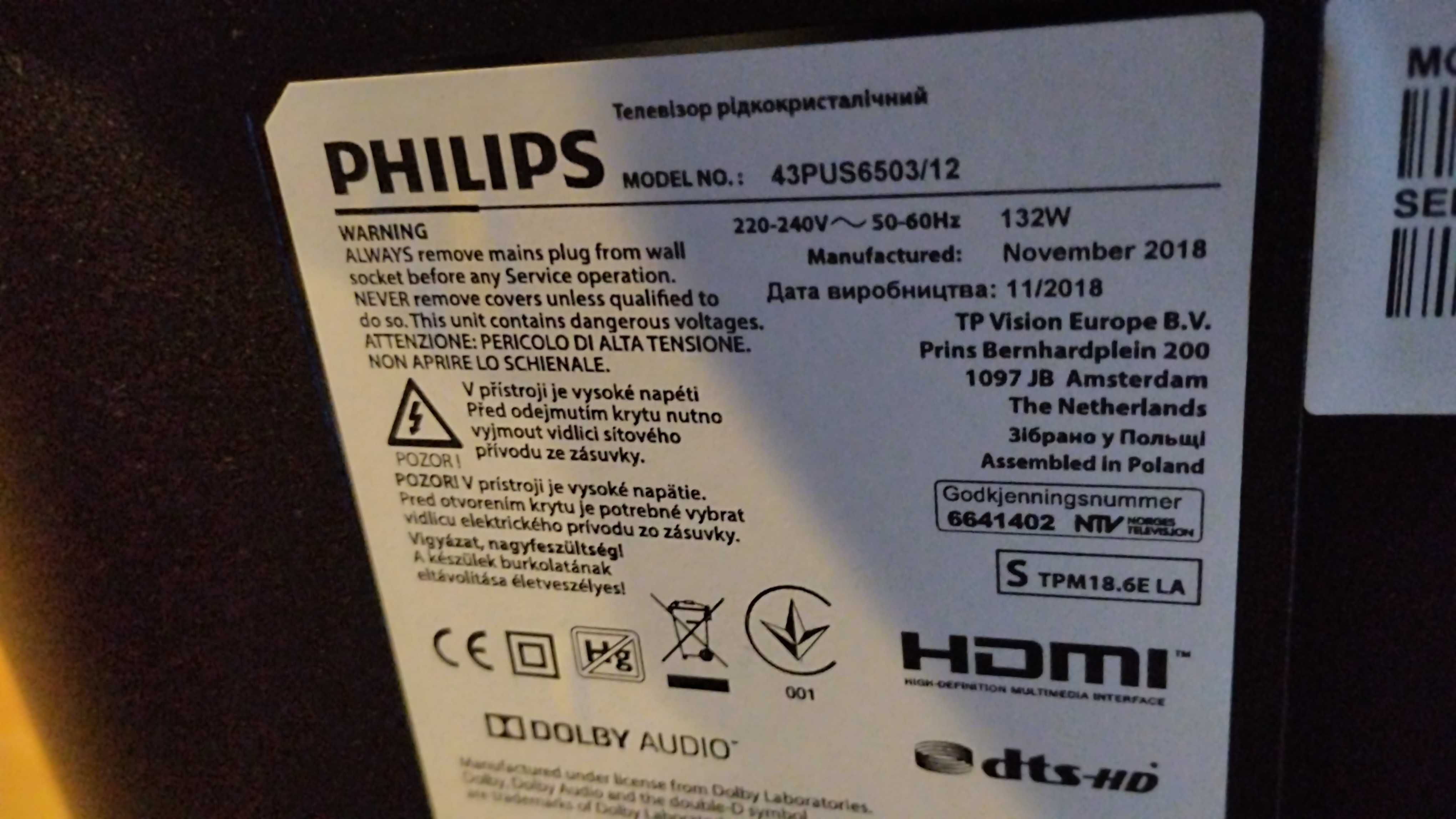 PHILIPS LED 43opus6503 4K UHD smart NETFLIX pilot WI-FI