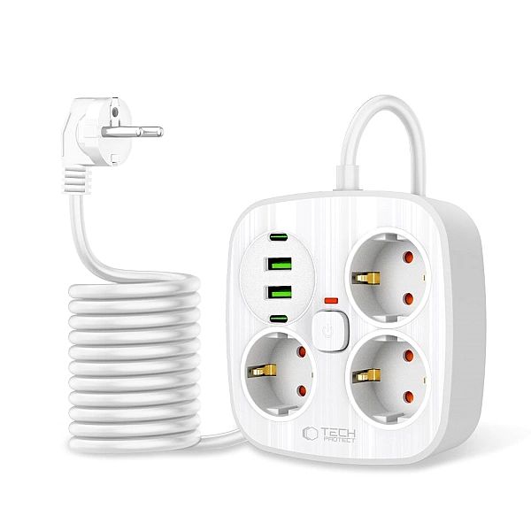 Tech-Protect Pcs3X4 Power Strip 2 Usb & 2 Type-C & 3 Socket 200Cm Whit