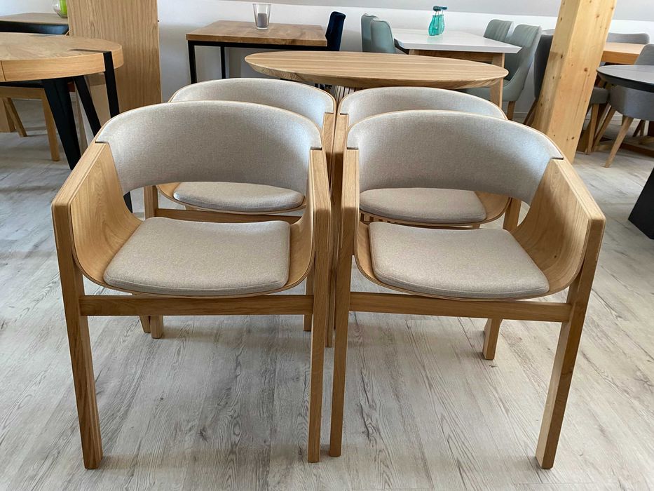 Stół okrągły rozkładany Fi 120+50 lite drewno,lamele plus 4 krzesła