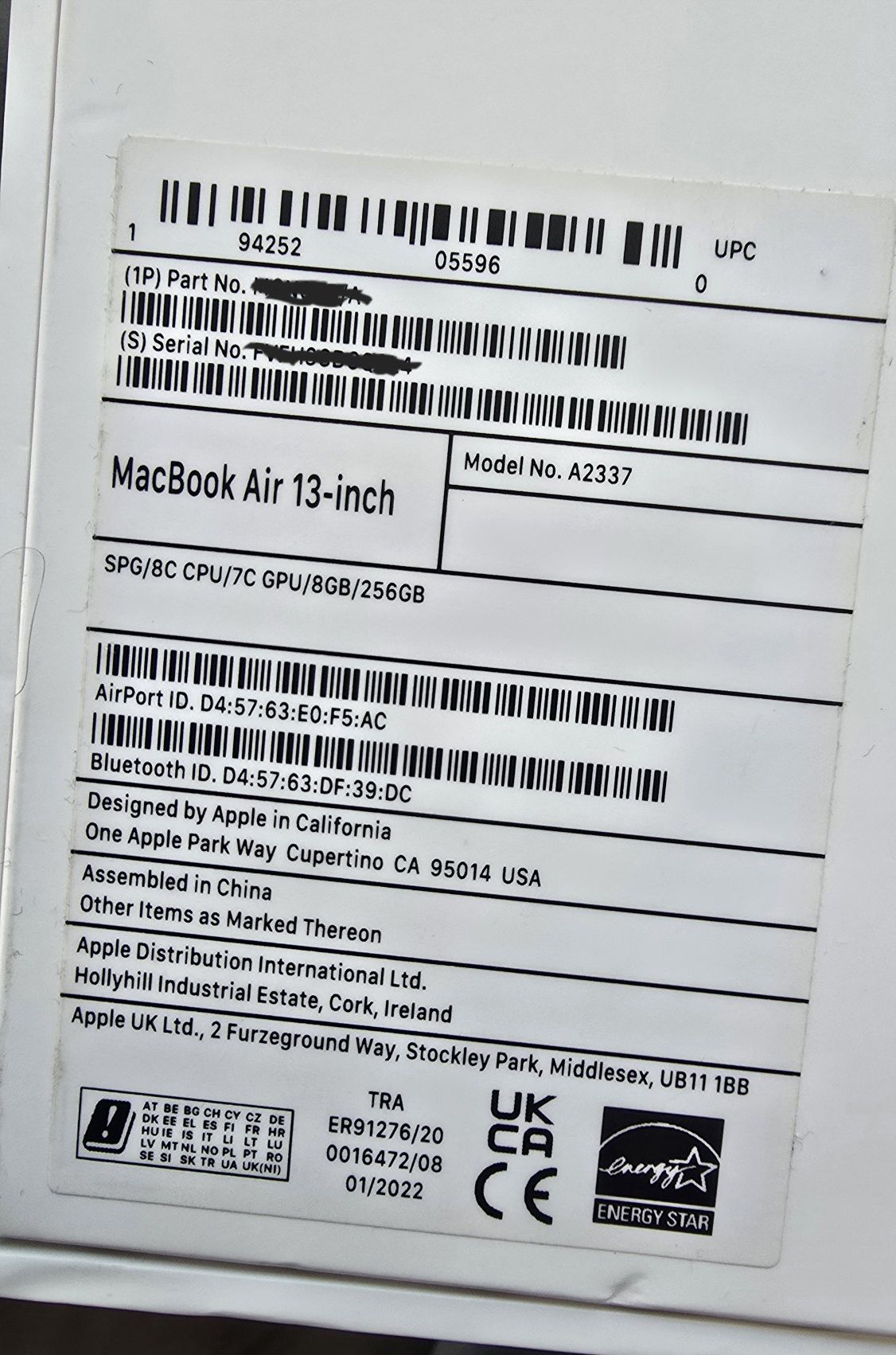 Apple MacBook Air M1 8GB 256 ssd laptop