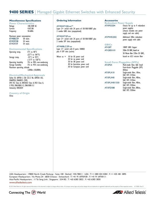 Оптичний комутатор AT-9408LC/SP ( 4 слоти SFP, 8 модулів 1000Base-SX )