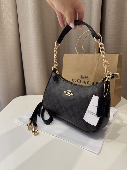 Сумочка Coach Teri коричнева шкіряна чорна сумка на ланцюжку коуч коач