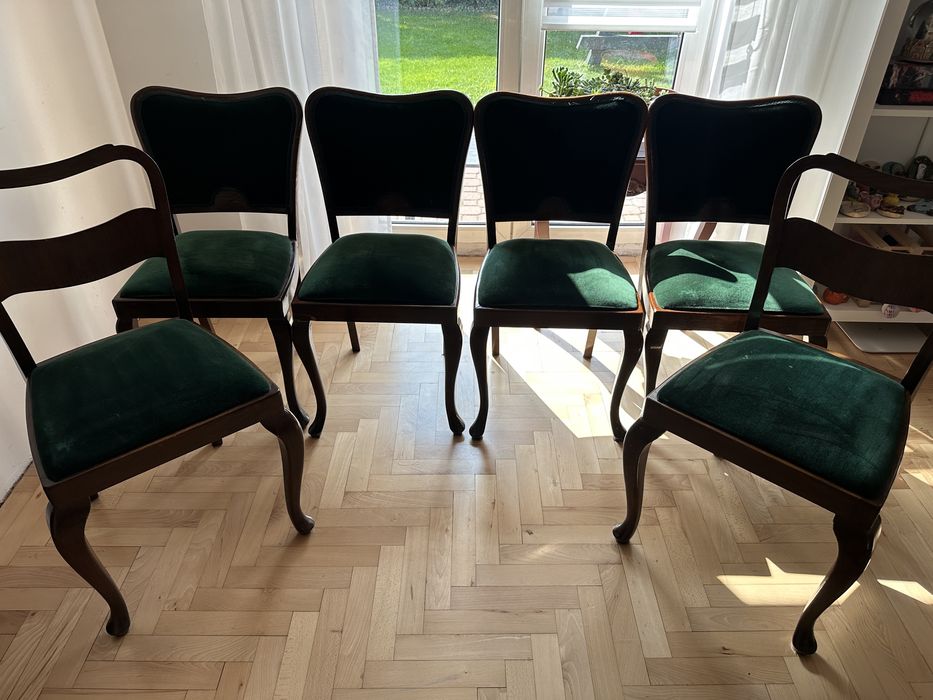 Zestaw 6 stylowych krzeseł drewno + zielony welur