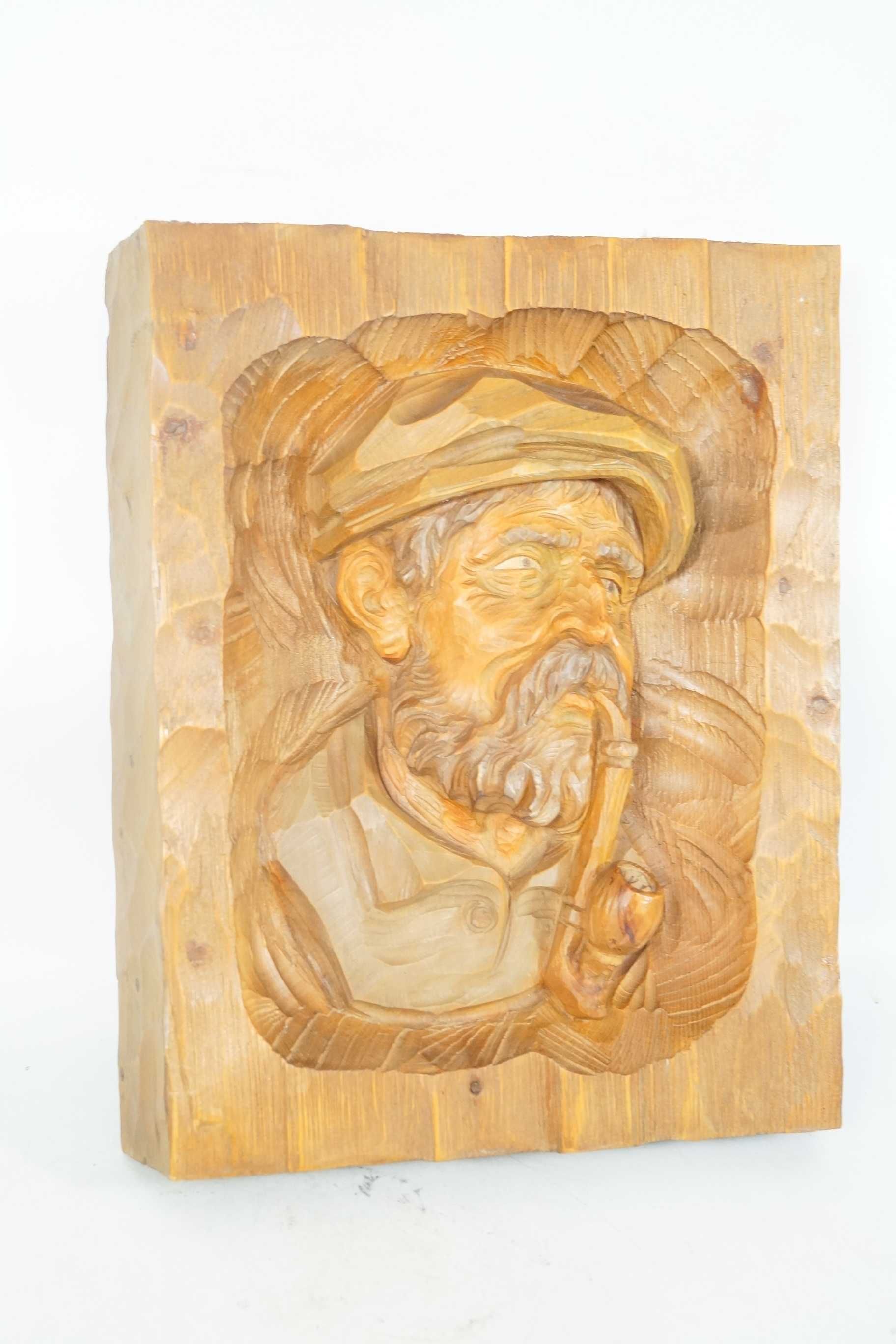 DUŻA Piękna drewniana płaskorzeźba 3D drewno Pan z Fajką