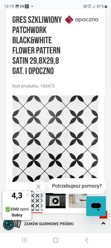 Gres szkliwiony 30x30 patchwork Black&white flower pattern satin Opocz