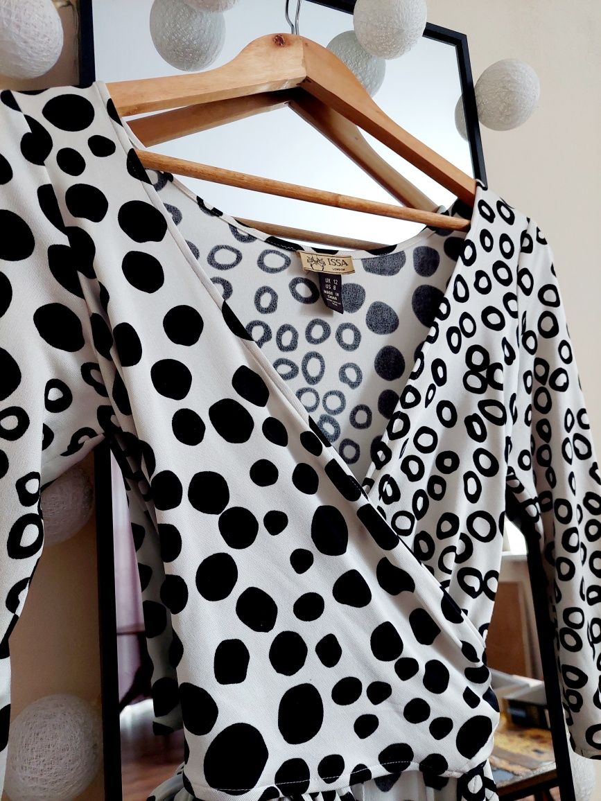 Issa London sukienka premium Jedwabna w kropki wiązania biała czarna