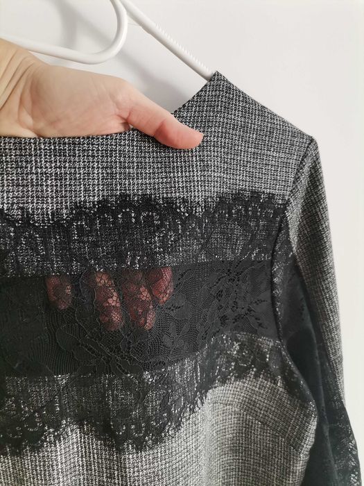 Vestido cinzento brilhante com renda preta, para Natal, Tamanho S