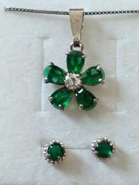 Nowy komplet srebrnej biżuterii z zielonymi cyrkoniami