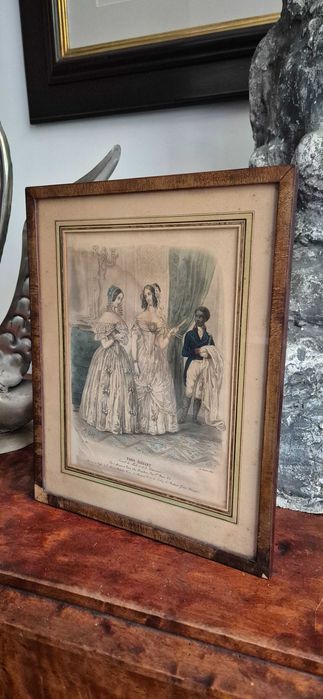 Antyk stara litografia druk modowy Paryż 1844 Francja glamour