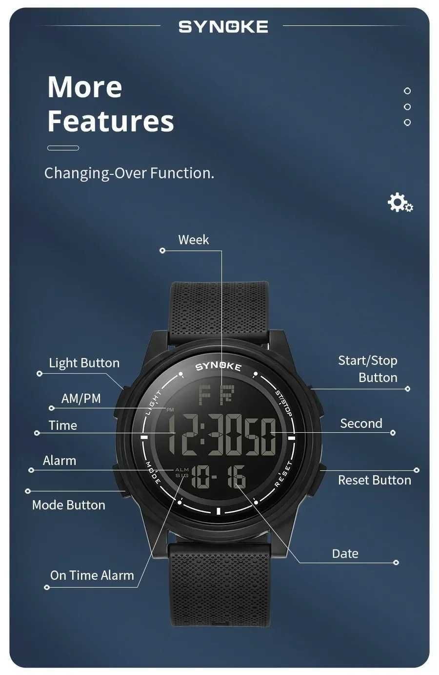 Zegarek elektroniczny Synoke cyfrowy unisex wodoszczelny WR50 sportowy