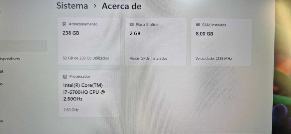 Portátil Dell i7 6ªgeração RAM 8Gb SSd NVMe 256Gb