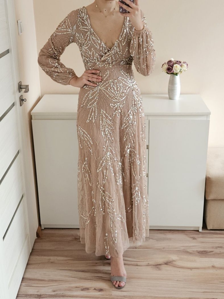 Sukienka maxi beauut asos 36 S beżowa zdobiona cekiny tiul weselel