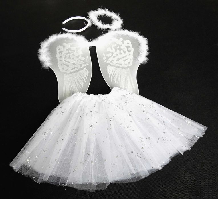 Śliczny strój anioła skrzydła anioł aureola spódniczka 40 cm HGYTR