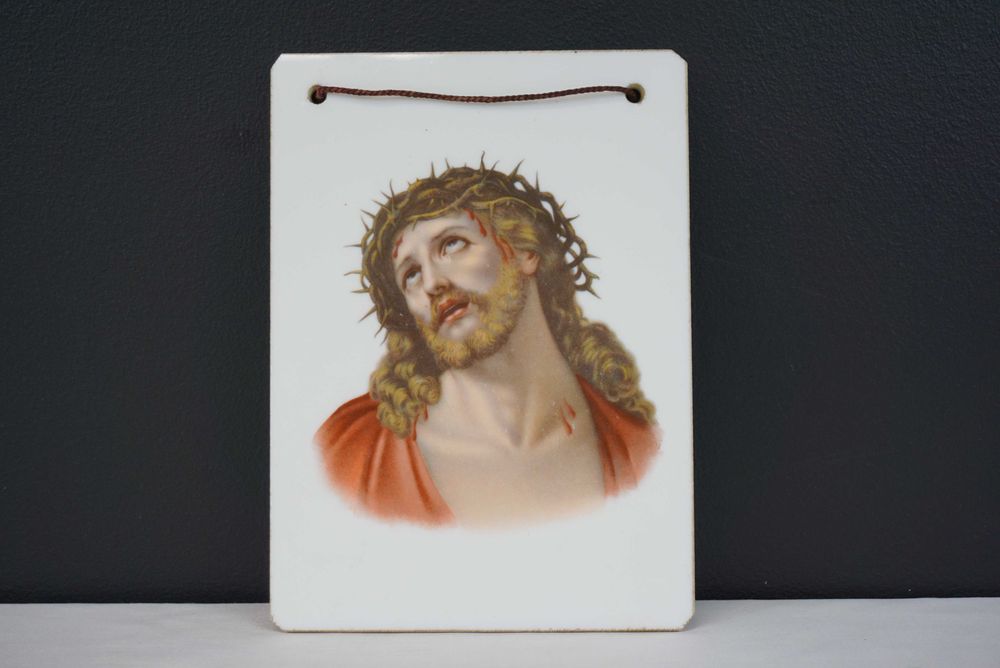 Zabytkowy porcelanowy obrazek plakieta Pan Jezus w koronie cierniowej