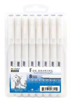 Cienkopisy graficzne Marvy For Drawing A, czarne (8 sztuk). UCHIDA